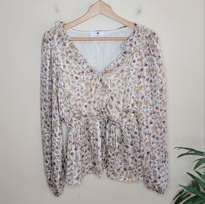 Everyday Chic Boutique Tan Boho Cottagecore Floral Long Sleeve Blouse Size Large